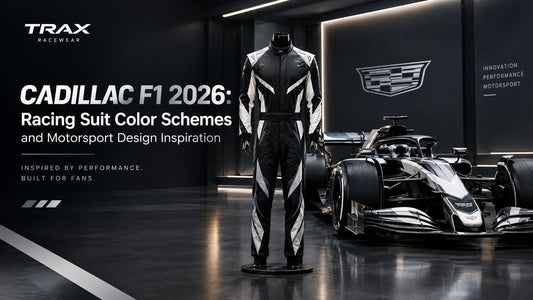 Cadillac F1 2026-inspired black and white racing suit design with geometric motorsport graphics.