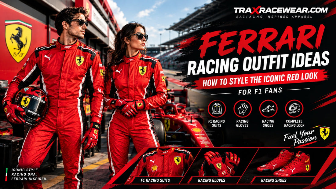 Ferrari-inspired red racing suits with matching racing gloves and racing shoes in a Formula 1 motorsport setting, featured by TraxRaceWear.com