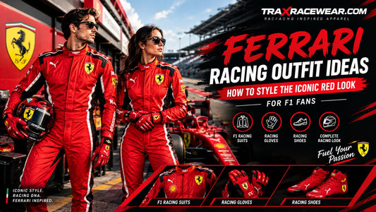 Ferrari-inspired red racing suits with matching racing gloves and racing shoes in a Formula 1 motorsport setting, featured by TraxRaceWear.com
