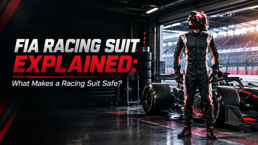 Professional motorsport driver wearing a fire-resistant racing suit and safety gear standing beside a race car in a pit garage.