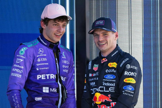 Kimi Antonelli vs Max Verstappen in 2026 Formula 1 racing suits representing Mercedes and Red Bull Racing