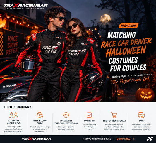 Matching race car driver Halloween costumes for couples featuring coordinated black and red racing suits.