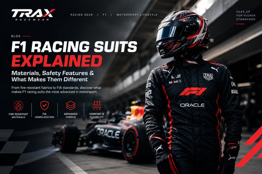 F1 racing suit with fire-resistant materials and motorsport safety features