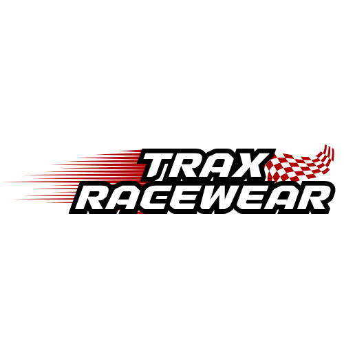 The official Trax Racewear logo, featuring bold black and white lettering with a red and white checkered flag motif and red motion lines on a plain white background.