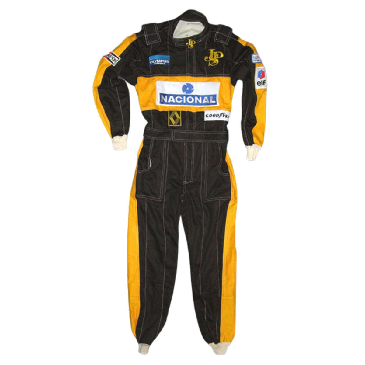 Black and yellow Ayrton Senna 1985 F1 Race Suit Replica Lotus with various logos on a white background