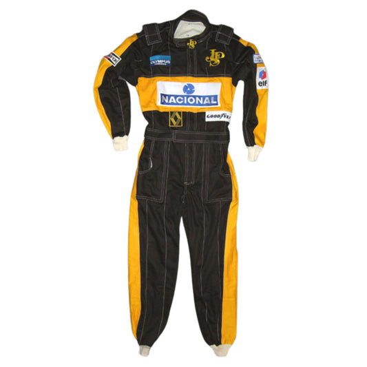 Black and yellow Ayrton Senna 1985 F1 Race Suit Replica Lotus with various logos on a white background