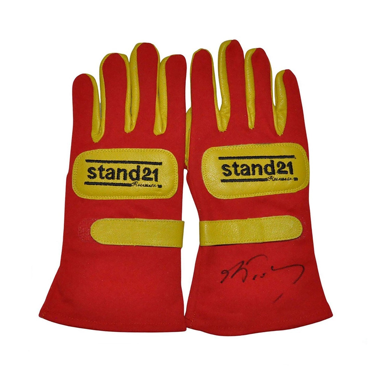 Red Alain Prost 1990 Ferrari F1 Replica Race Gloves laid flat, front view, showing the full racing design and replica stitching