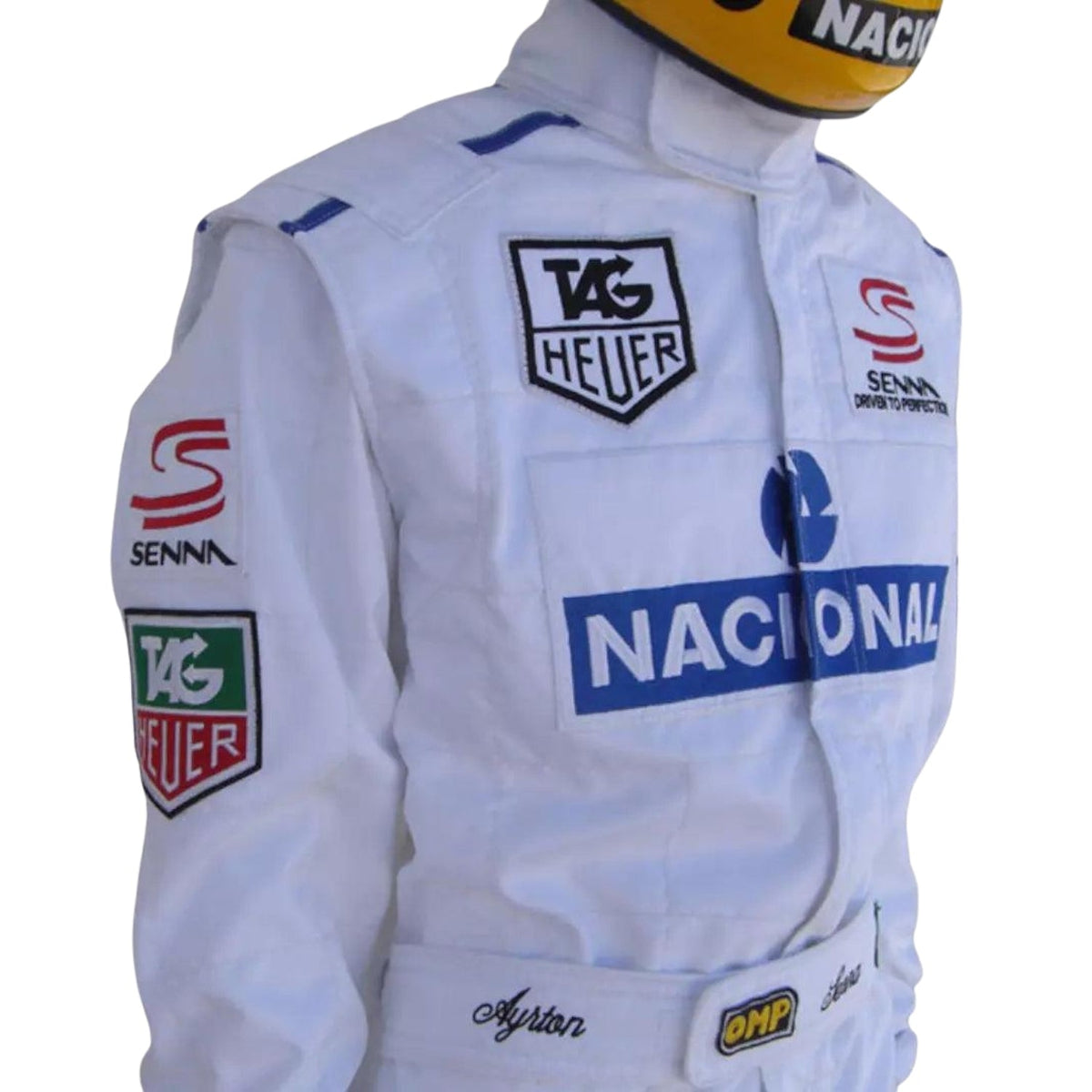White Ayrton Senna 1993 F1 Race Replica Costume McLaren Paris Bercy with various brand logos on a white background