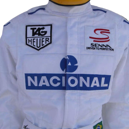 White Ayrton Senna 1993 F1 Race Replica Costume McLaren Paris Bercy with various brand logos on a white background