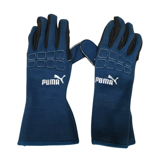 Black Fernando Alonso 2006 Renault F1 Race Gloves laid flat, front view, showing the full racing design and replica stitching