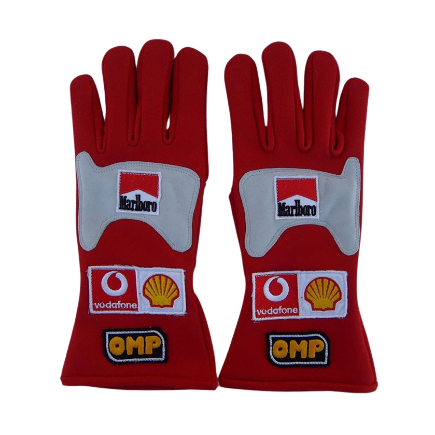 Red Michael Schumacher 2006 Ferrari F1 Race Gloves shown side-on, highlighting the wrist strap and grip texture for grand prix use
