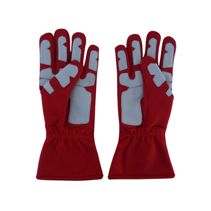 Red Michael Schumacher 2006 Ferrari F1 Race Gloves in close-up detail, showing the palm grip pattern used in GP racing conditions