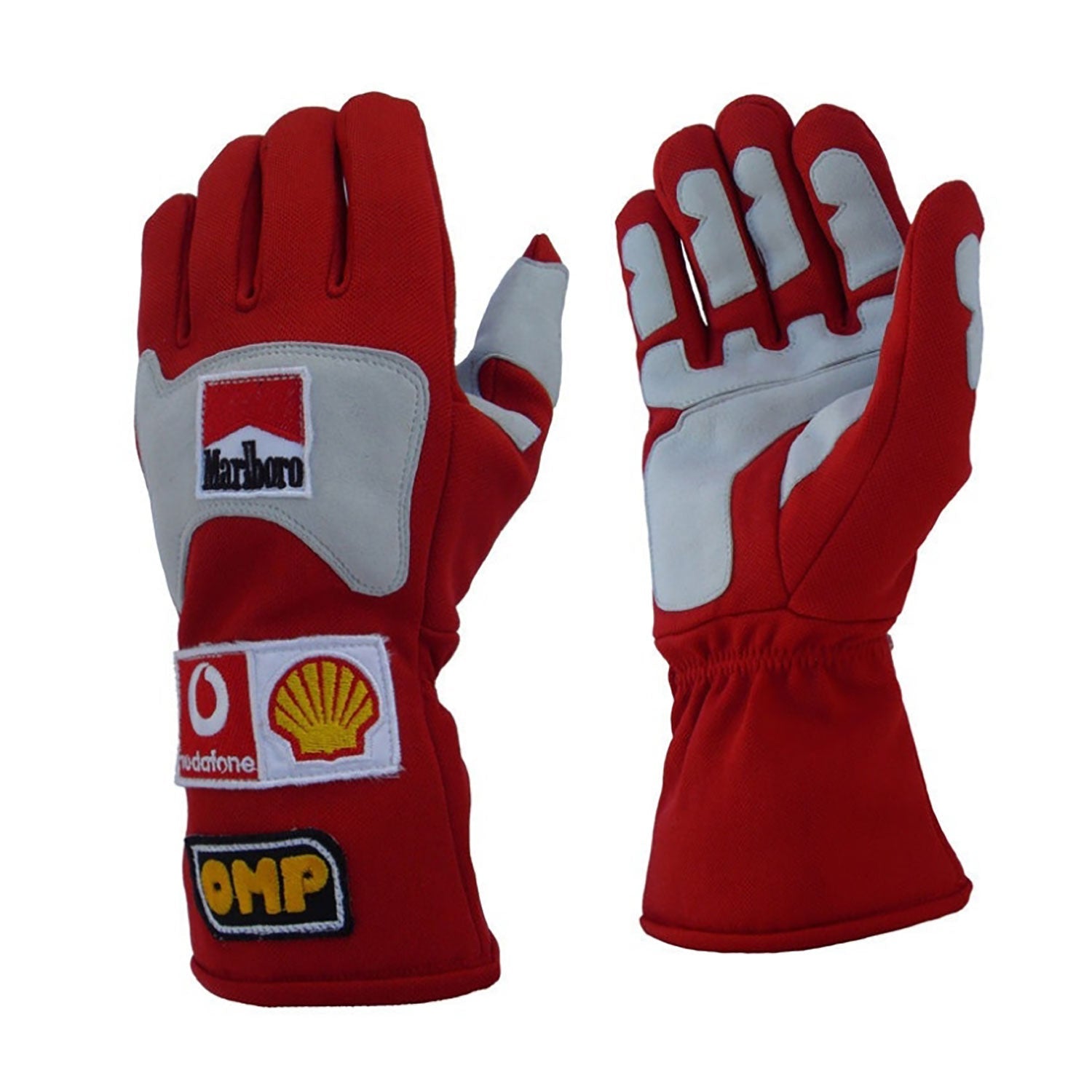 Red Michael Schumacher 2006 Ferrari F1 Race Gloves laid flat, front view, showing the full racing design and replica stitching