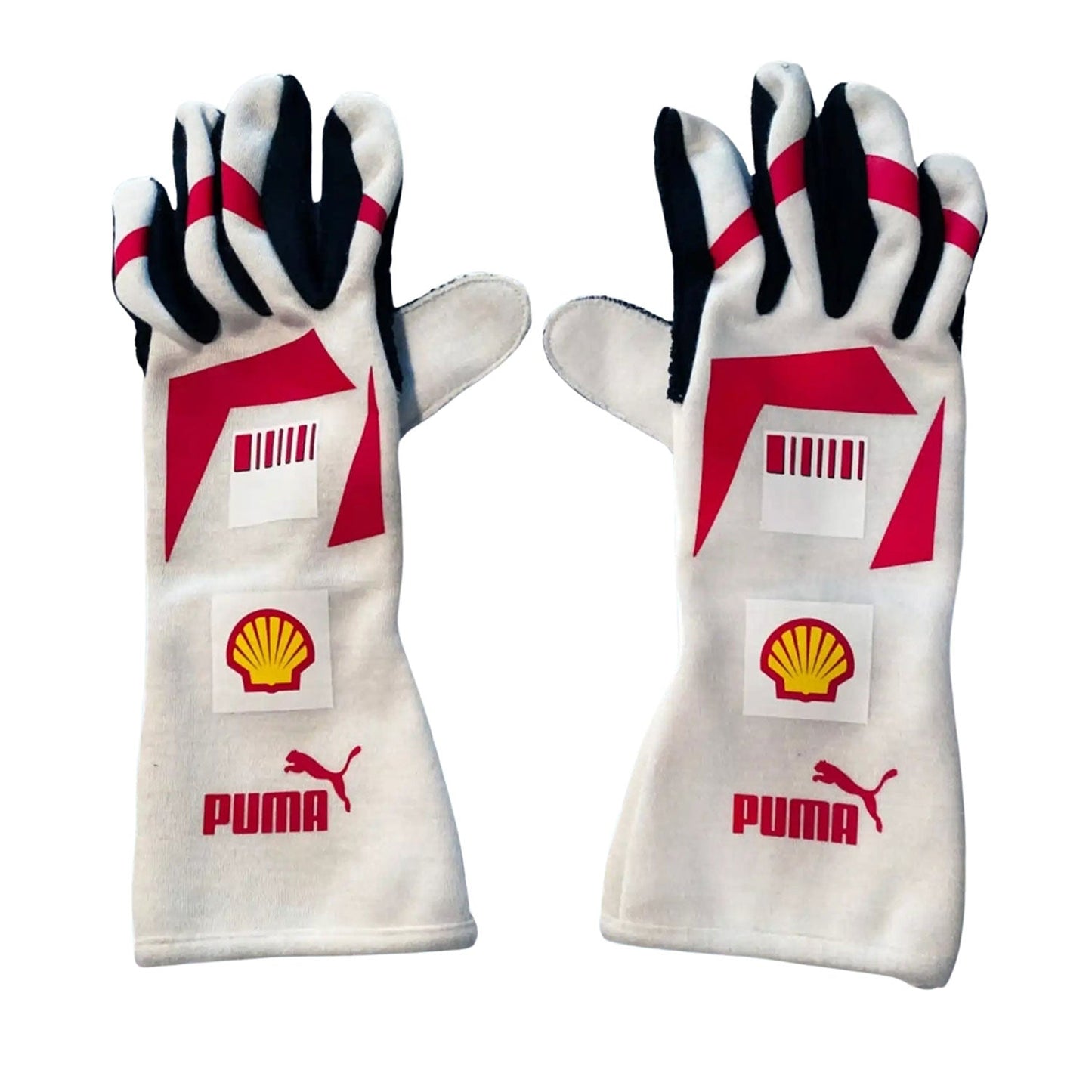 White Michael Schumacher 2007 Ferrari F1 Race Gloves laid flat, front view, showing the full racing design and replica stitching