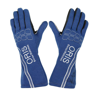 Blue Nico Rosberg 2007 Williams F1 Race Gloves Replica laid flat, front view, showing the full racing design and replica stitching