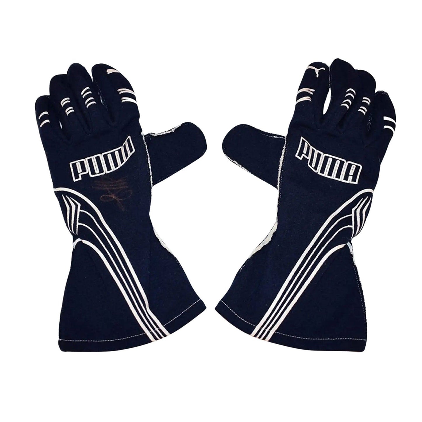 Black Sebastian Vettel 2007 Toro Rosso F1 Race Gloves laid flat, front view, showing the full racing design and replica stitching