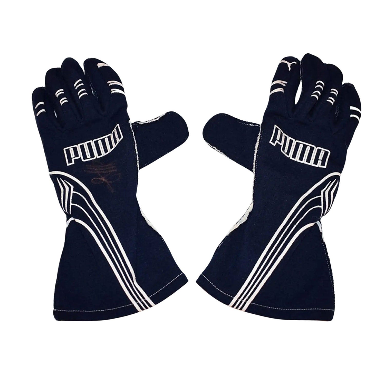 Black Sebastian Vettel 2007 Toro Rosso F1 Race Gloves laid flat, front view, showing the full racing design and replica stitching