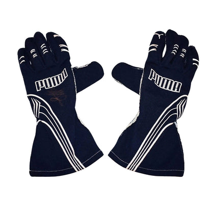 Black Sebastian Vettel 2007 Toro Rosso F1 Race Gloves laid flat, front view, showing the full racing design and replica stitching