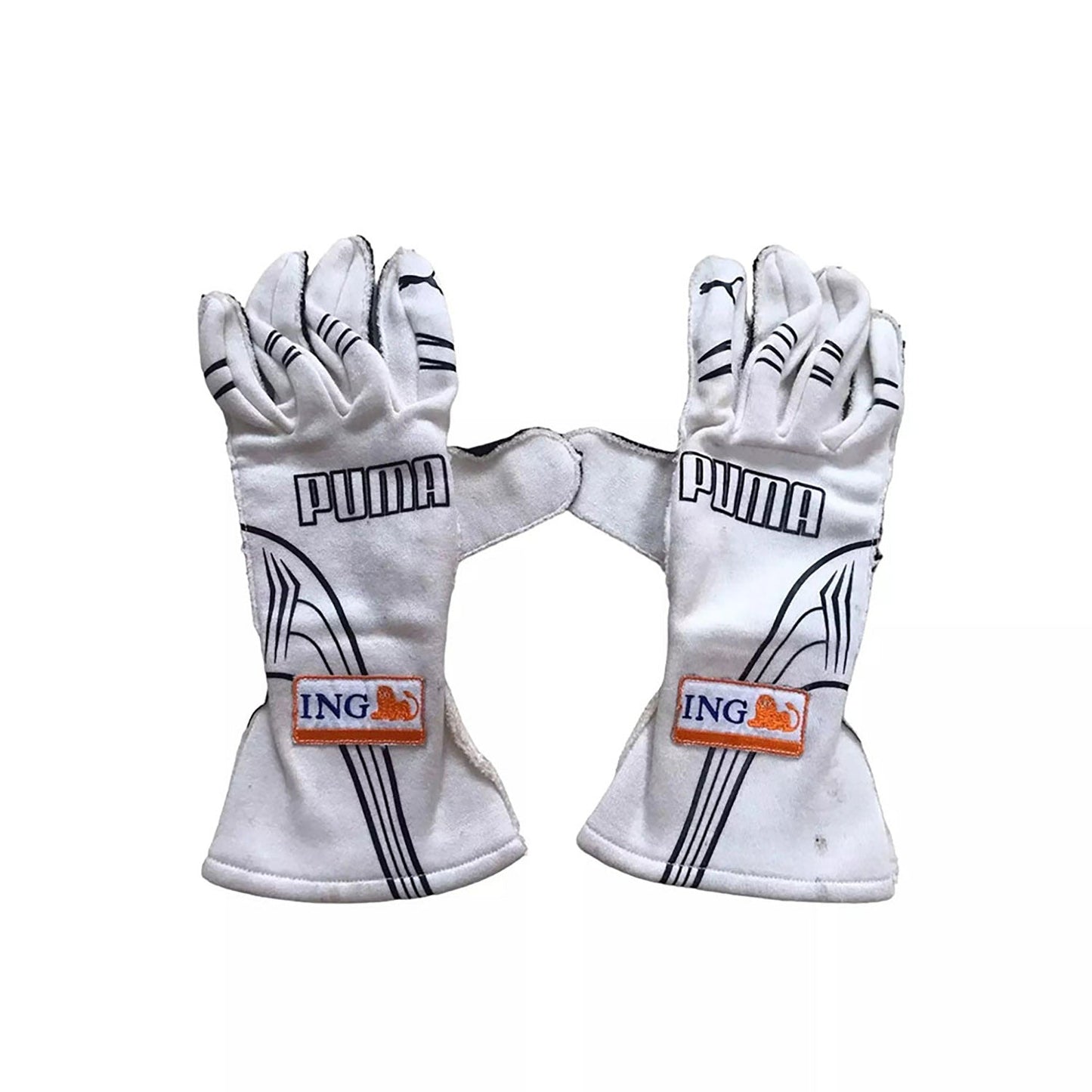White Fernando Alonso 2009 Renault F1 Race Gloves Replica laid flat, front view, showing the full racing design and replica stitching