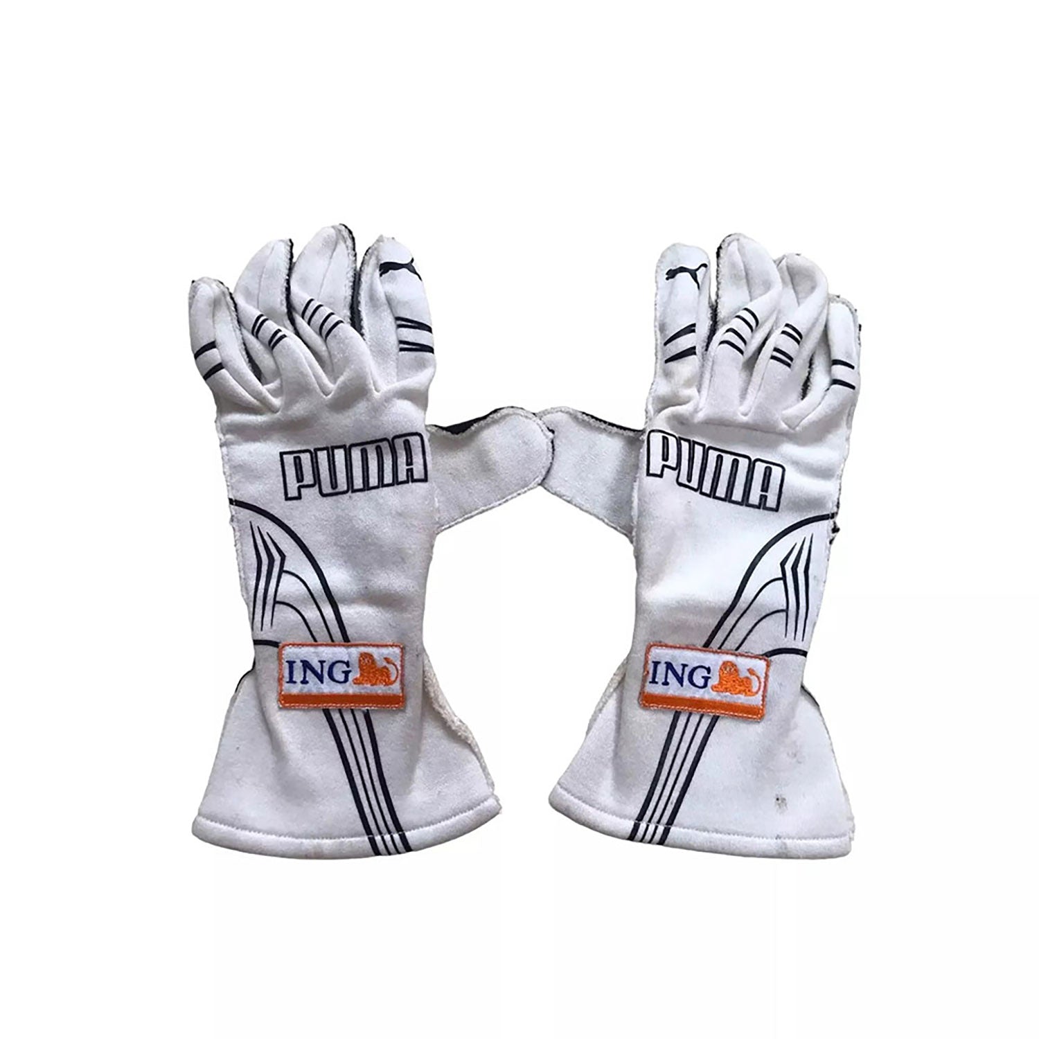 White Fernando Alonso 2009 Renault F1 Race Gloves Replica laid flat, front view, showing the full racing design and replica stitching
