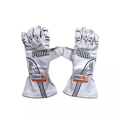 White Fernando Alonso 2009 Renault F1 Race Gloves Replica laid flat, front view, showing the full racing design and replica stitching