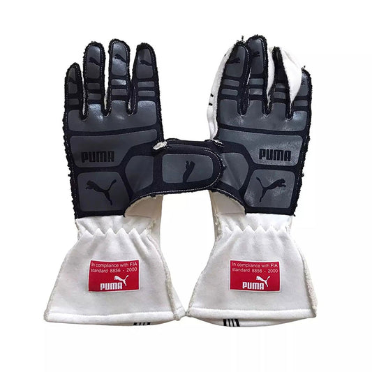 White Fernando Alonso 2009 Renault F1 Race Gloves Replica laid flat, front view, showing the full racing design and replica stitching