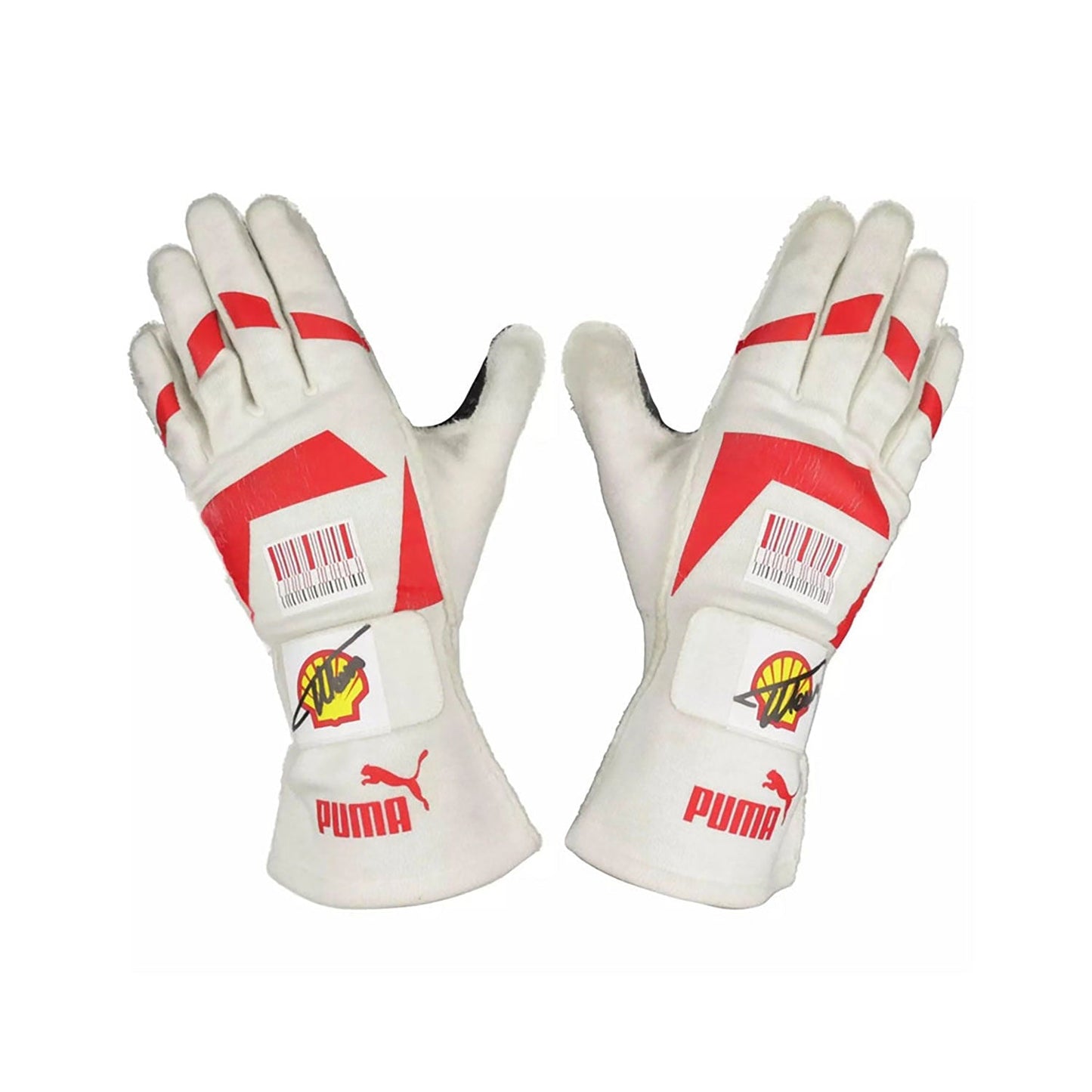 White Fernando Alonso 2010 Ferrari Japanese GP F1 Race Gloves laid flat, front view, showing the full racing design and replica stitching
