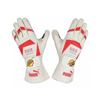 White Fernando Alonso 2010 Ferrari Japanese GP F1 Race Gloves laid flat, front view, showing the full racing design and replica stitching
