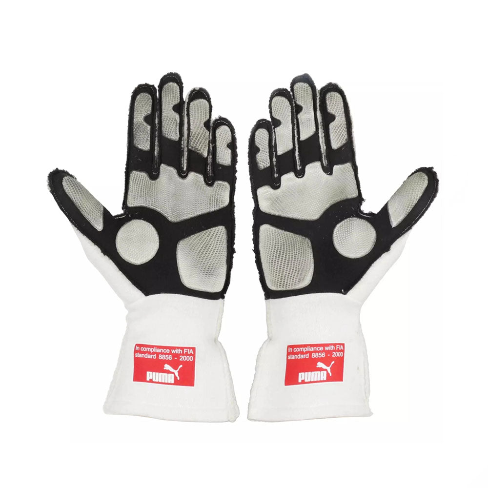White Fernando Alonso 2010 Ferrari Japanese GP F1 Race Gloves shown side-on, highlighting the wrist strap and grip texture for grand prix use
