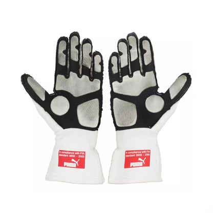 White Fernando Alonso 2010 Ferrari Japanese GP F1 Race Gloves shown side-on, highlighting the wrist strap and grip texture for grand prix use