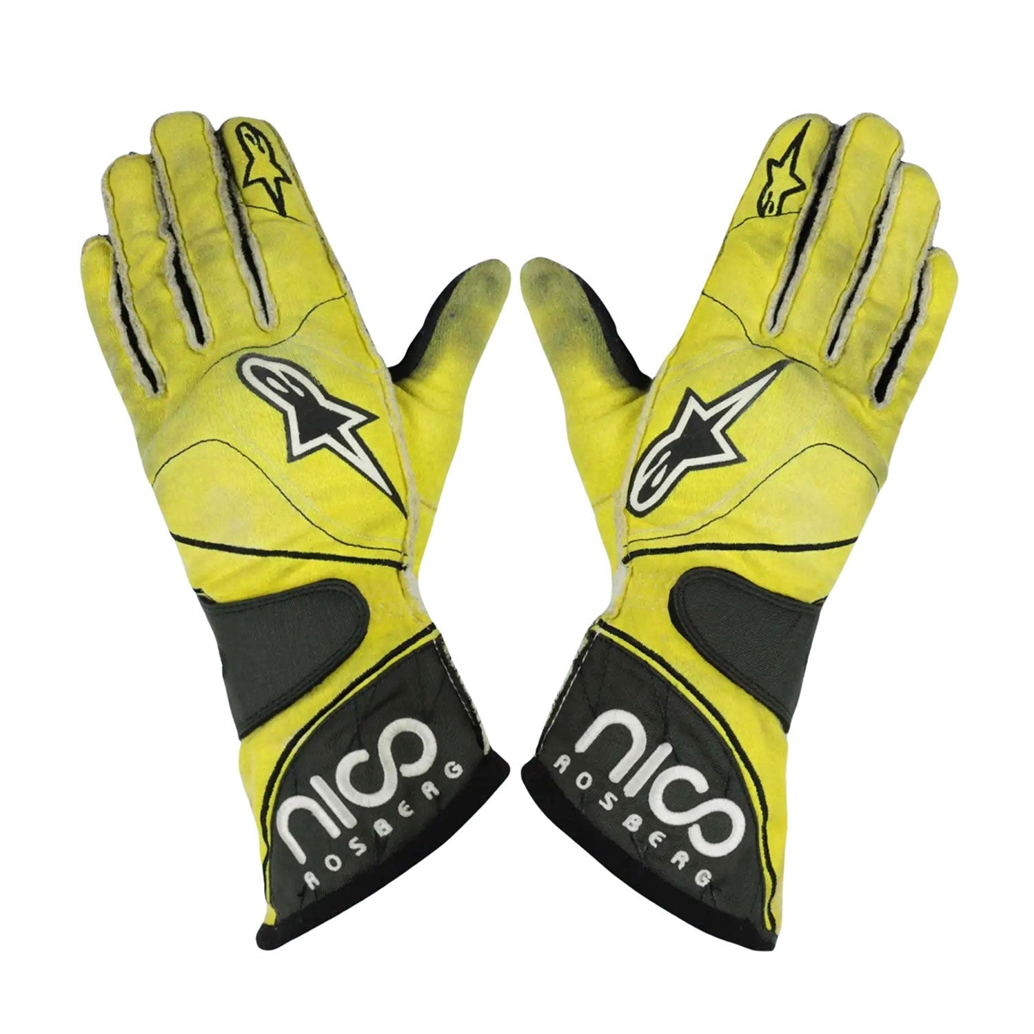Yellow Nico Rosberg 2011 Mercedes F1 Replica Race Gloves laid flat, front view, showing the full racing design and replica stitching