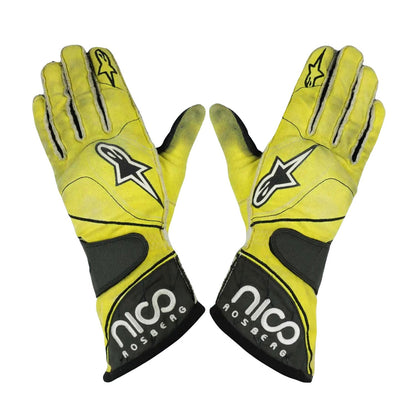 Yellow Nico Rosberg 2011 Mercedes F1 Replica Race Gloves laid flat, front view, showing the full racing design and replica stitching