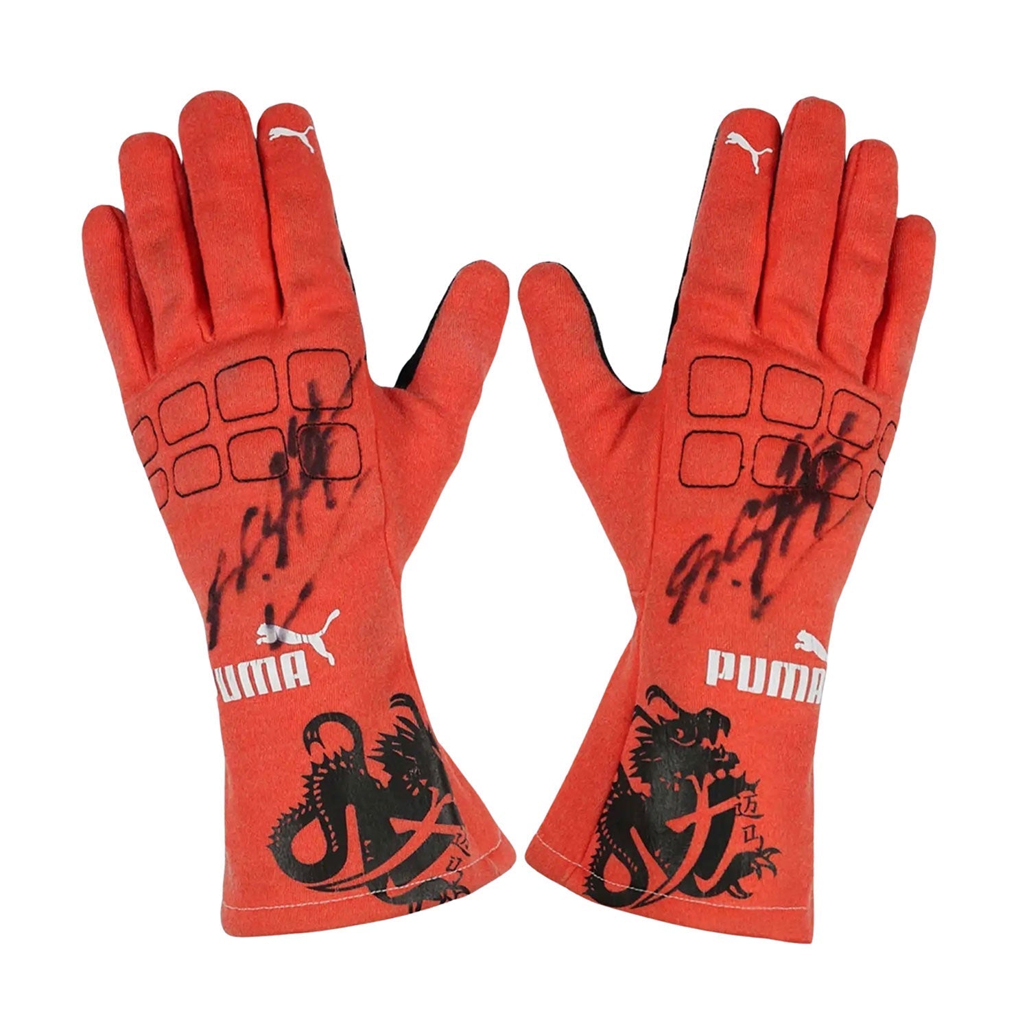 Red Michael Schumacher 2012 Mercedes F1 Race Gloves laid flat, front view, showing the full racing design and replica stitching