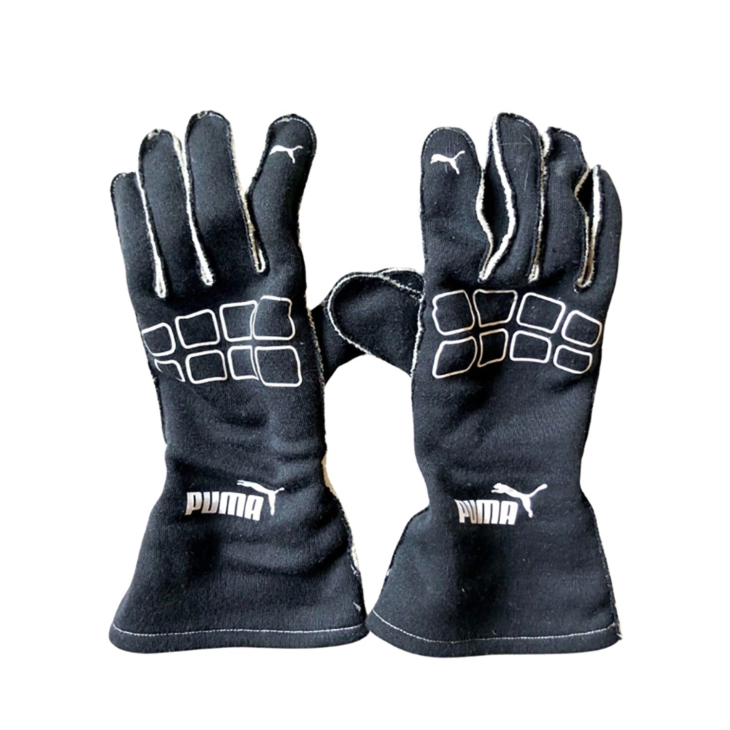 Black Lewis Hamilton 2013 Mercedes F1 Replica Race Gloves laid flat, front view, showing the full racing design and replica stitching