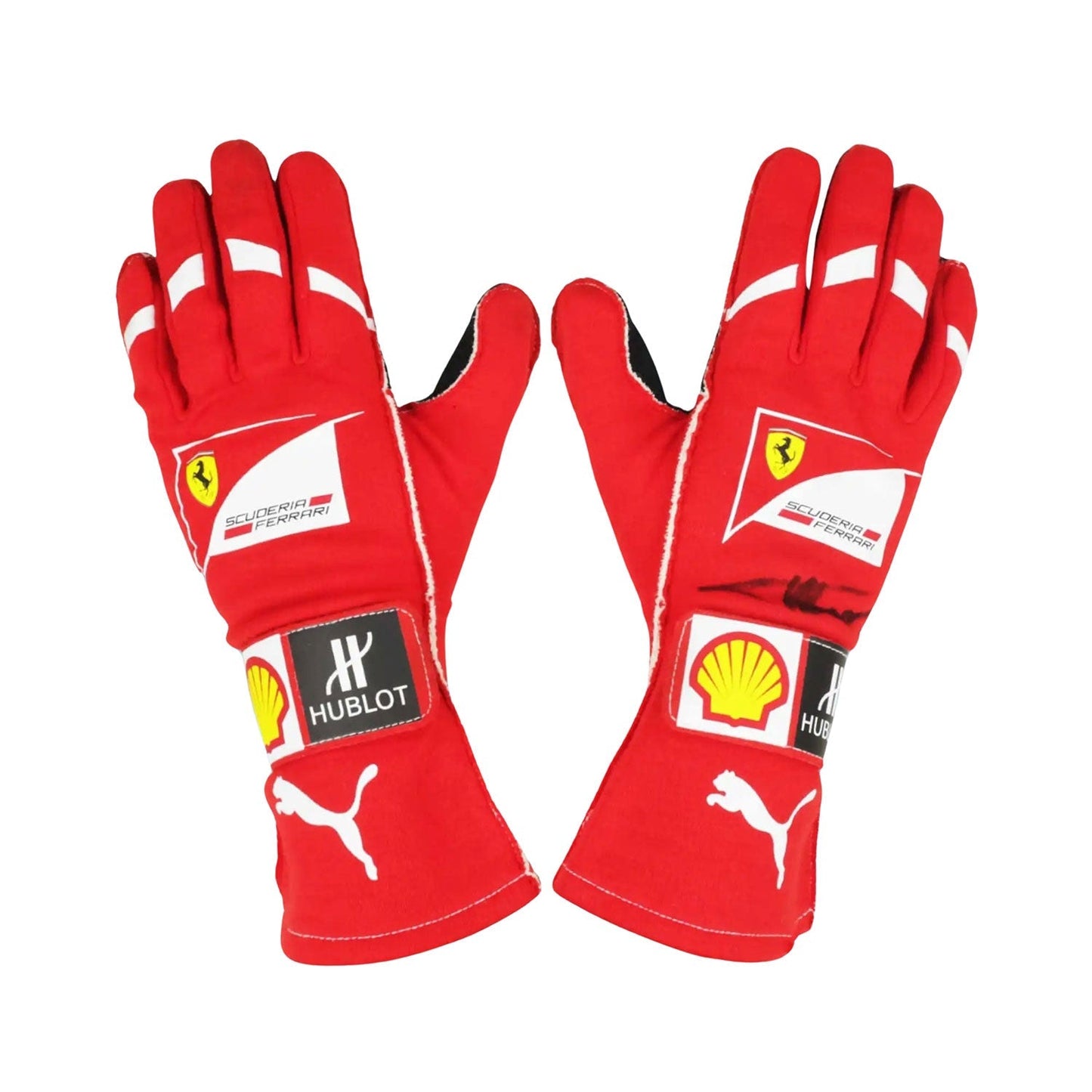 Red Fernando Alonso 2014 Ferrari F1 Race Gloves laid flat, front view, showing the full racing design and replica stitching