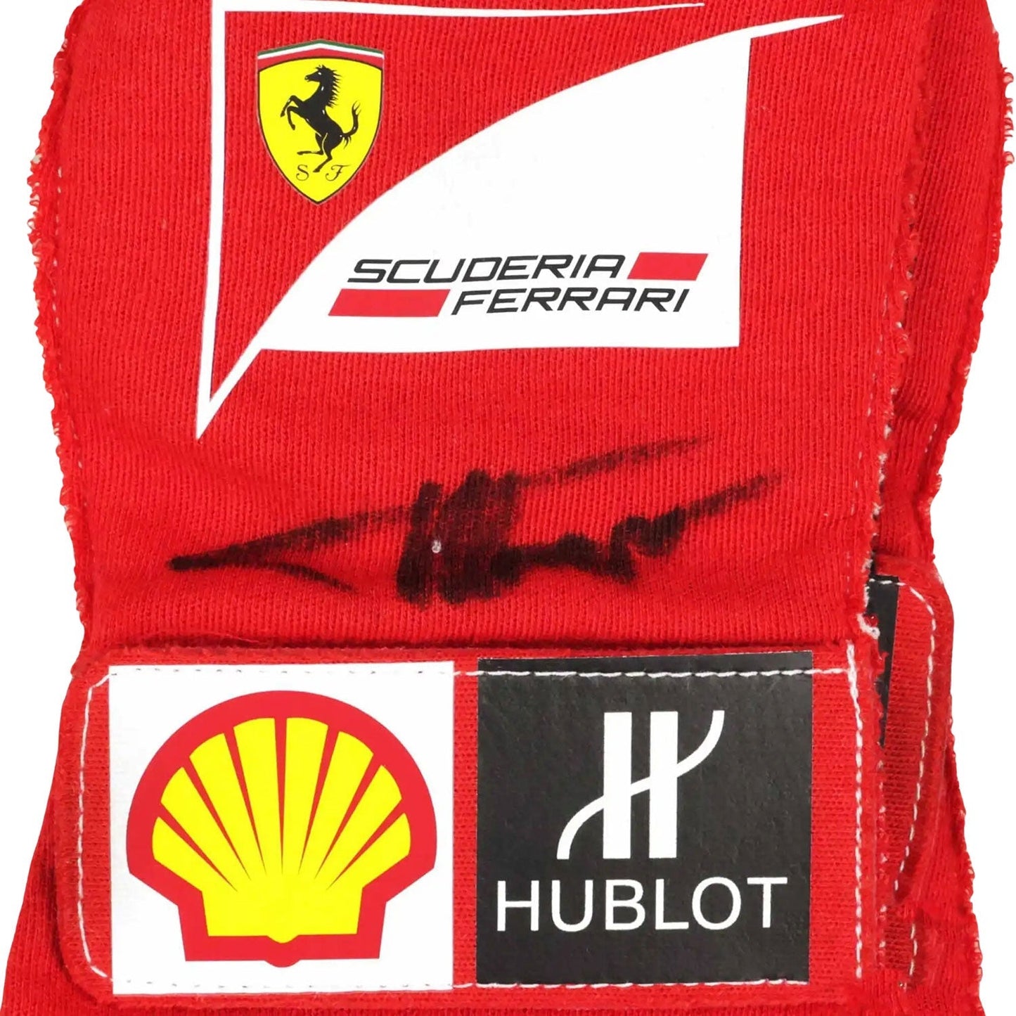 Red Fernando Alonso 2014 Ferrari F1 Race Gloves in close-up detail, showing the palm grip pattern used in GP racing conditions