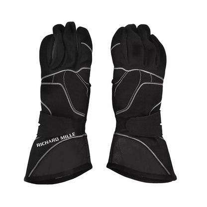 Black Fernando Alonso 2015 McLaren F1 Race Gloves laid flat, front view, showing the full racing design and replica stitching