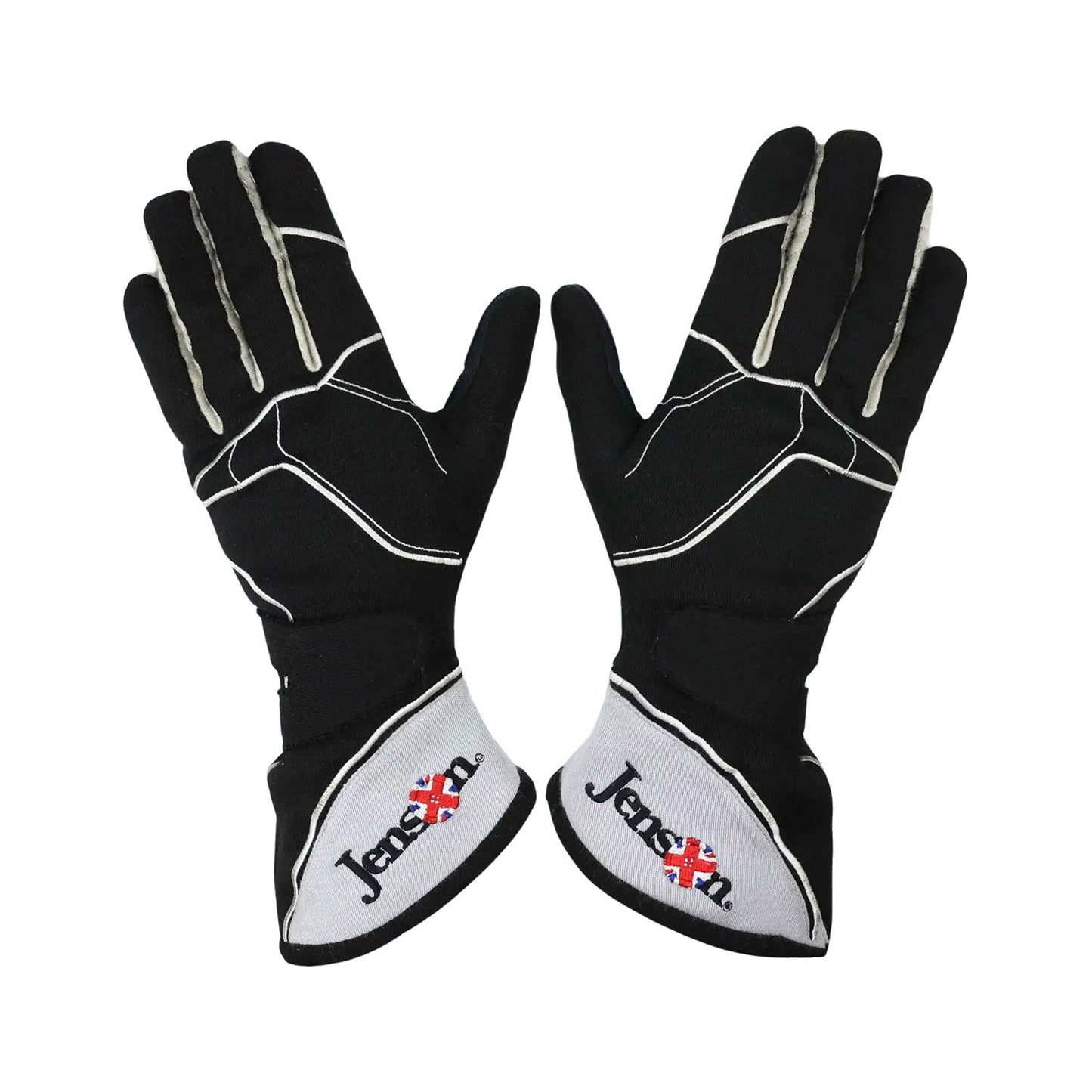 Black Jenson Button 2015 McLaren F1 Race Gloves laid flat, front view, showing the full racing design and replica stitching