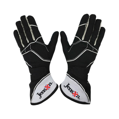 Black Jenson Button 2015 McLaren F1 Race Gloves laid flat, front view, showing the full racing design and replica stitching