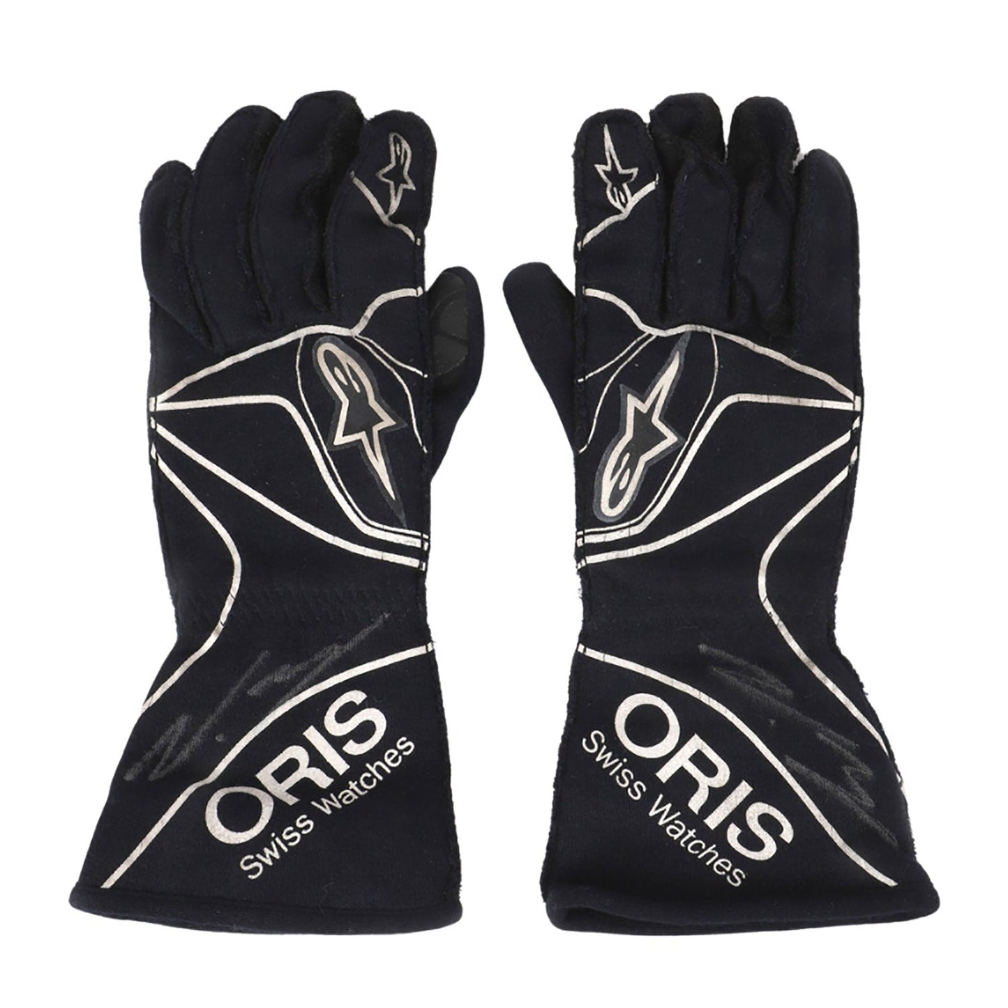 Black Valtteri Bottas 2015 Williams Martini F1 Race Gloves Replica laid flat, front view, showing the full racing design and replica stitching
