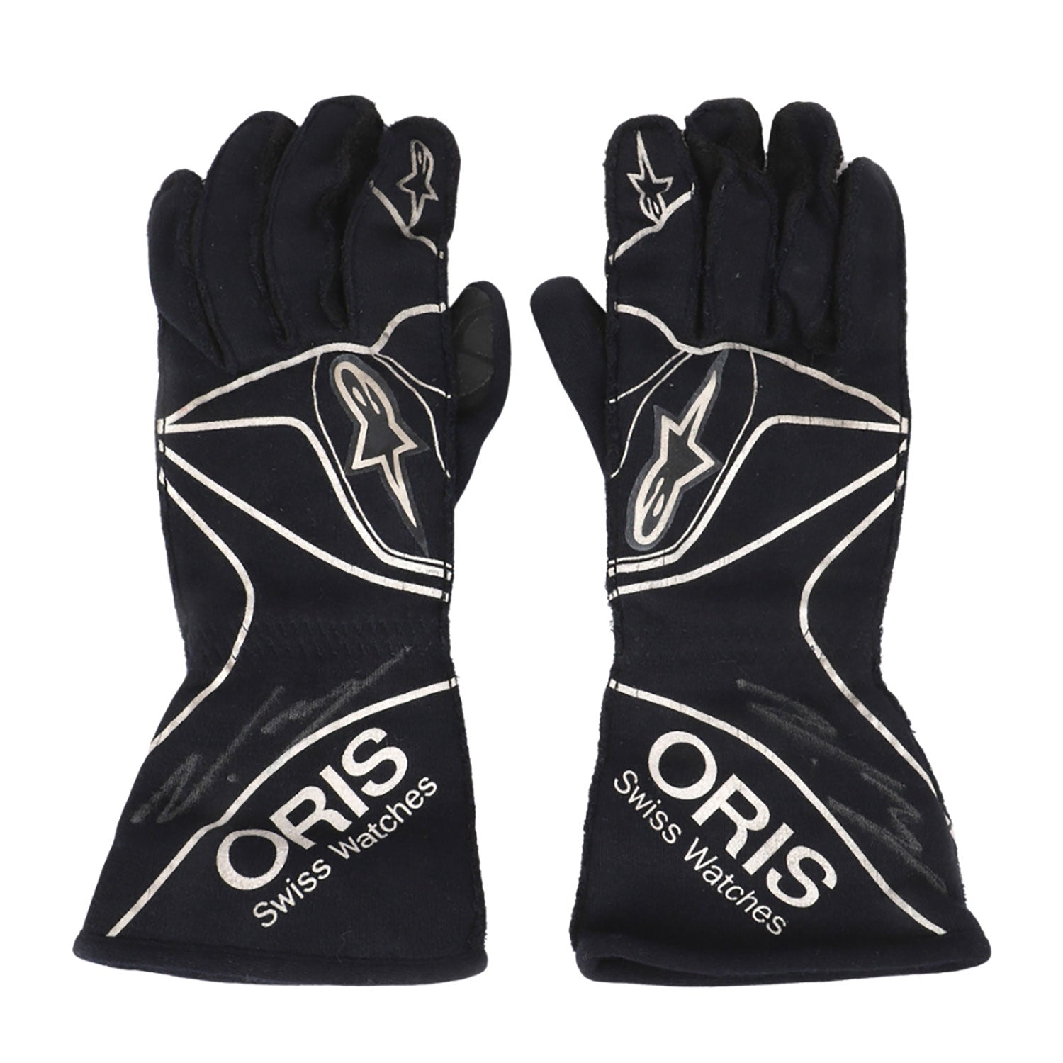 Black Valtteri Bottas 2015 Williams Martini F1 Race Gloves Replica laid flat, front view, showing the full racing design and replica stitching