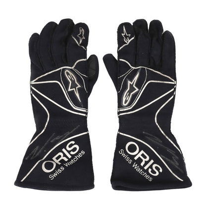 Black Valtteri Bottas 2015 Williams Martini F1 Race Gloves Replica laid flat, front view, showing the full racing design and replica stitching