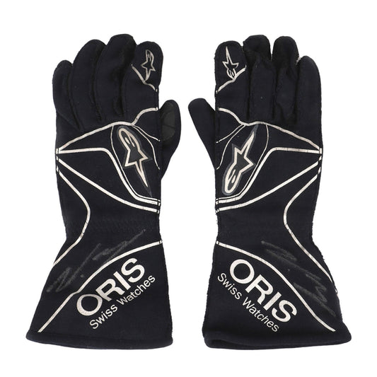 Black Valtteri Bottas 2015 Williams Martini F1 Race Gloves Replica laid flat, back view, showing the full racing design and replica stitching
