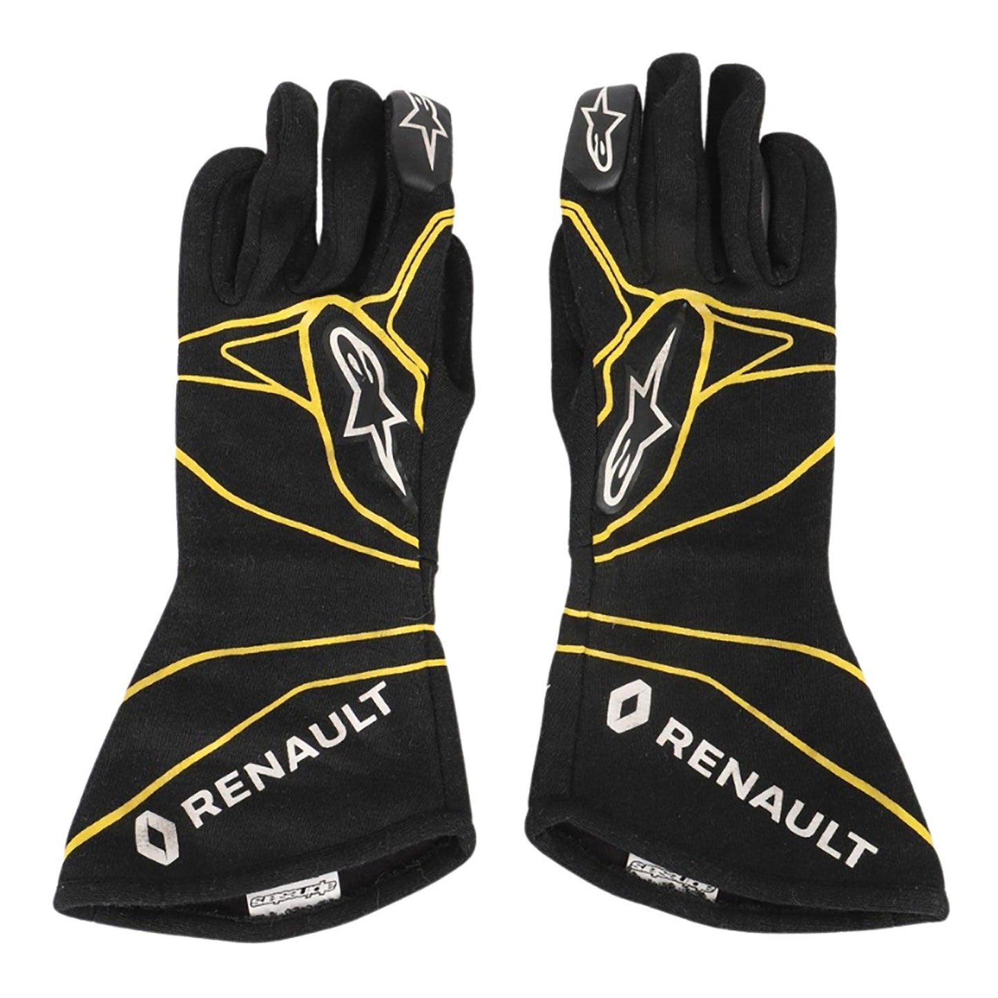 Black Esteban Ocon 2016 Renault F1 Race Gloves Replica laid flat, front view, showing the full racing design and replica stitching