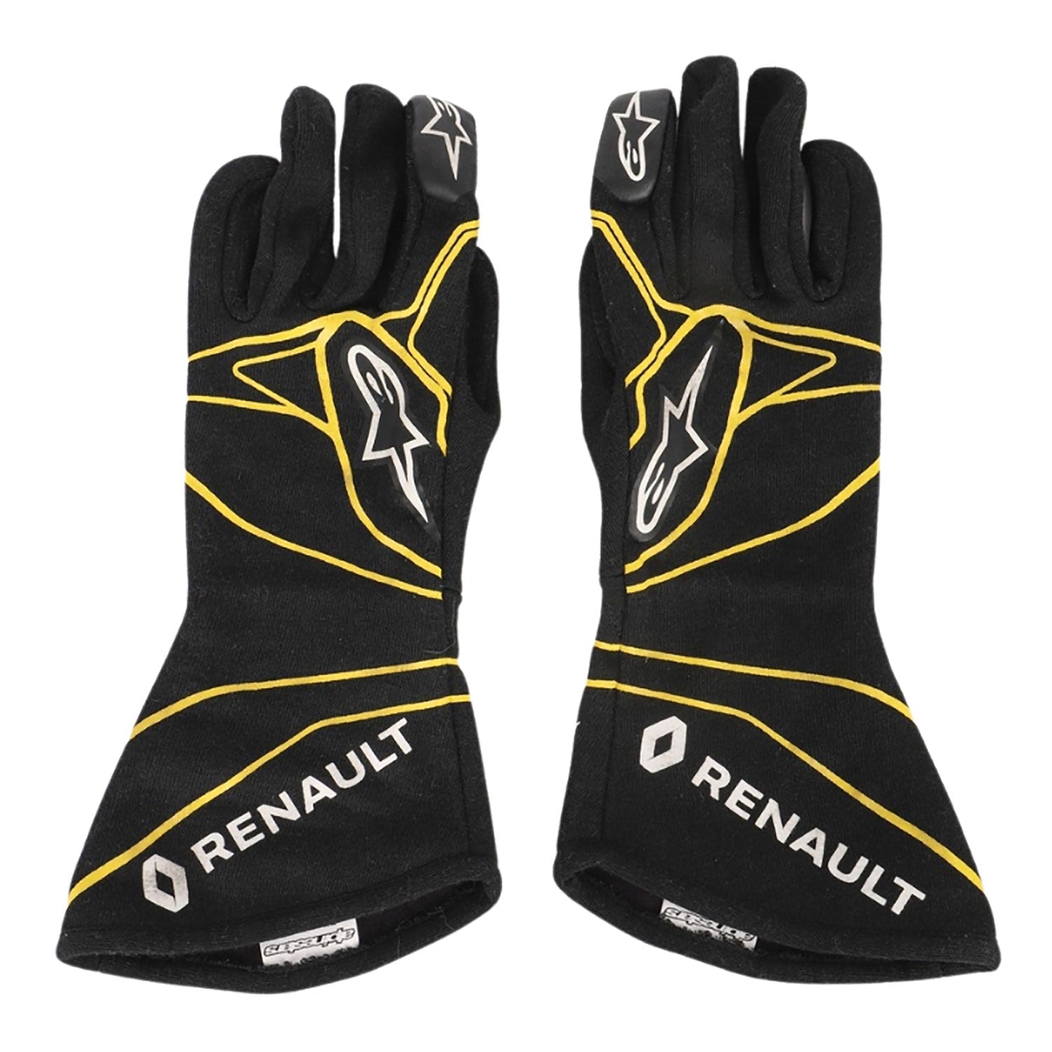 Black Esteban Ocon 2016 Renault F1 Race Gloves Replica laid flat, front view, showing the full racing design and replica stitching