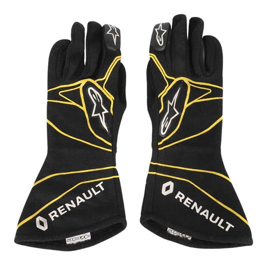 Black Esteban Ocon 2016 Renault F1 Race Gloves Replica laid flat, front view, showing the full racing design and replica stitching