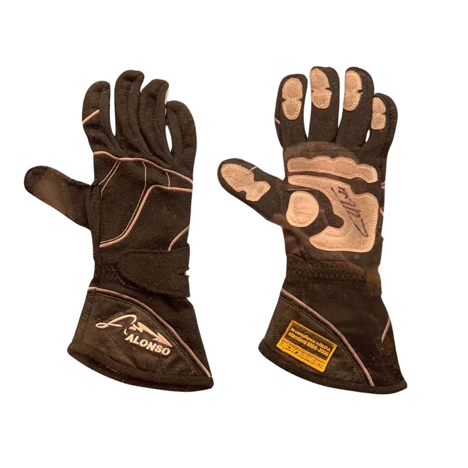 Black Fernando Alonso 2016 McLaren F1 Replica Race Gloves laid flat, front view, showing the full racing design and replica stitching