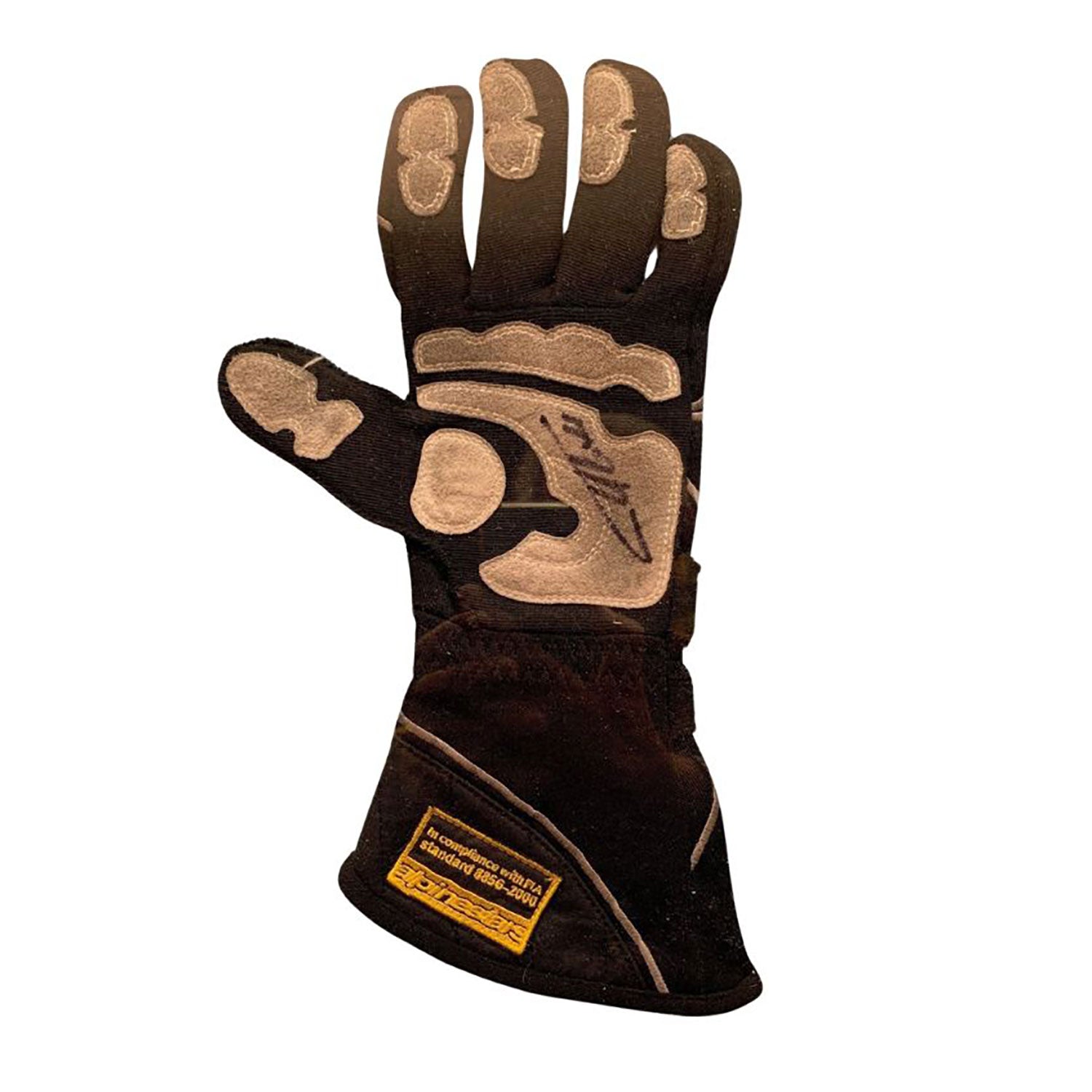 Black Fernando Alonso 2016 McLaren F1 Replica Race Gloves shown side-on, highlighting the wrist strap and grip texture for grand prix use