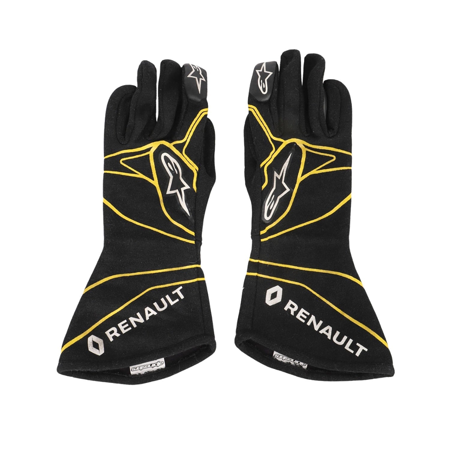 Black Kevin Magnussen 2016 Renault F1 Replica Race Gloves laid flat, front view, showing the full racing design and replica stitching