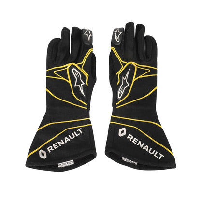 Black Kevin Magnussen 2016 Renault F1 Replica Race Gloves laid flat, front view, showing the full racing design and replica stitching